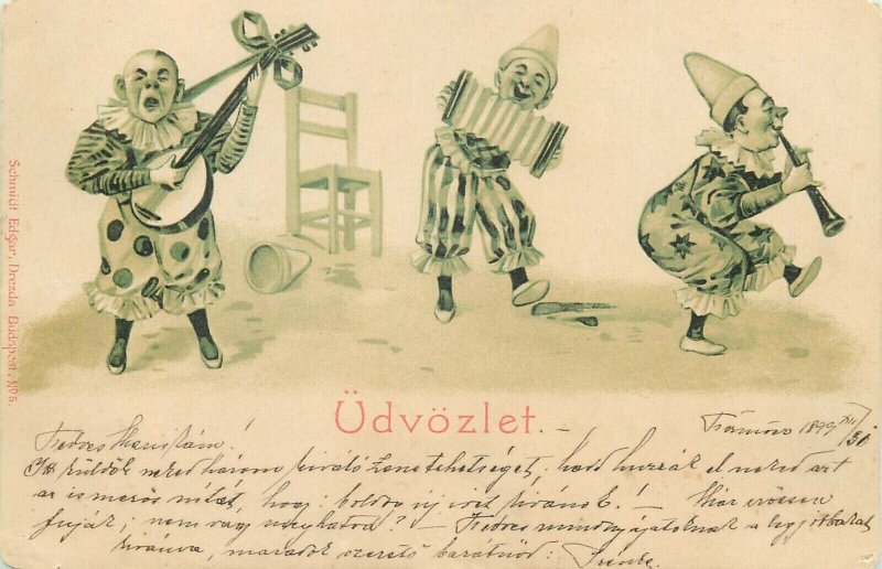 Litho 1899 musical harlequins circus clowns Ed. Schmidt Edgar Budapest Hungary 