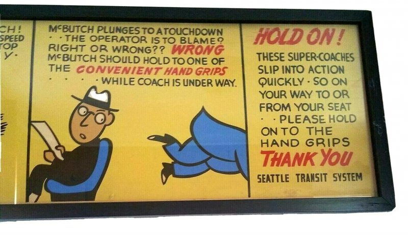 Vintage Seattle Transit Authority Oscar McButch 1940s Advertising Art Sign Comic