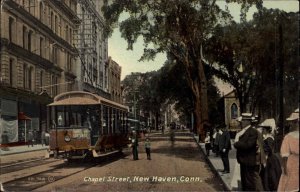 New Haven CT Chapel Street Trolley Pedestrians 1900s-20s Vintage Postcard
