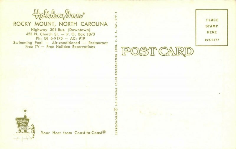Rocky Mount North Carolina 1950-60s Postcard Holiday Inn Motel Swimming Pool