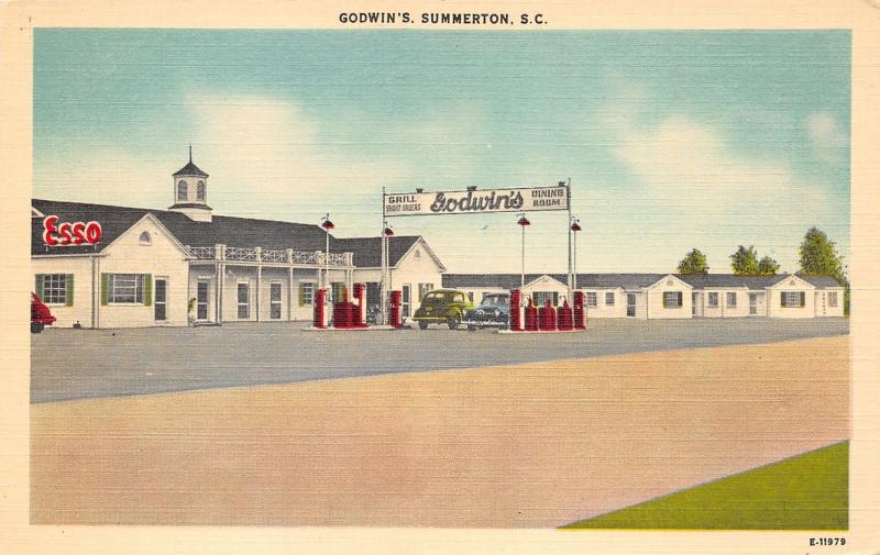 Summerton South Carolina~Godwin's Motel & Grill~Esso Gas Station~1940s Postcard