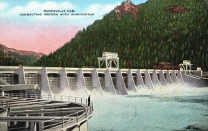 Vintage Postcard 1930's Bonneville Power Dam Connecting Oregon With Washington