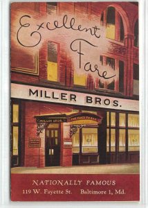 MILLER BROS. Baltimore, MD Restaurant c1940s Vintage Fold-Out Postcard