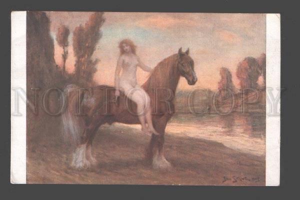 096503 NUDE Nymph on HORSE Long Mane by Jan STYKA vintage PC