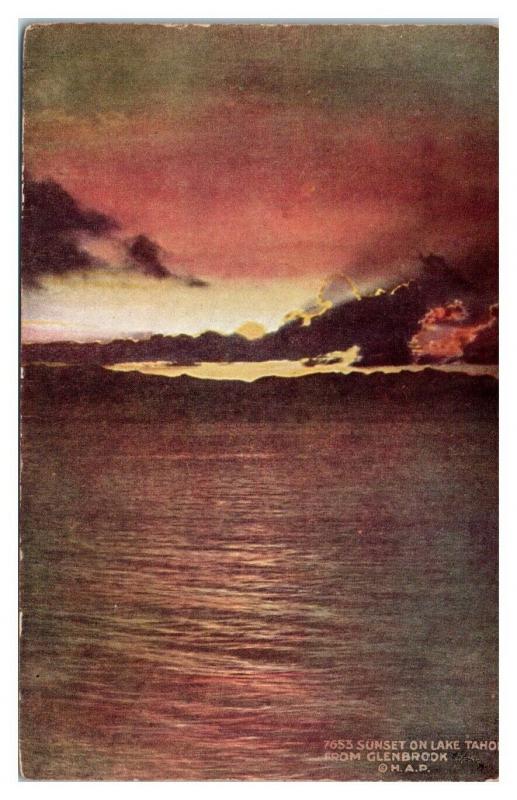 Early 1900s Sunset on Lake Tahoe from Glenbrook, CA Postcard *5F(2)30