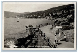 Alassio Liguria Italy RPPC Photo Postcard Passeggiata (Strolling) Beach c1940's