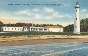 Linen Postcard; Glynn County Casino & Light House St. Simons Island GA