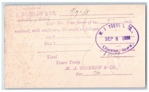 1888 Office of A Disbrow & Co. WJ Young & Co Lyons Clinton Iowa IA Postal Card