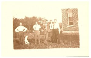 RPPC Postcard Five Young Men and Dog in Suits in Front of House