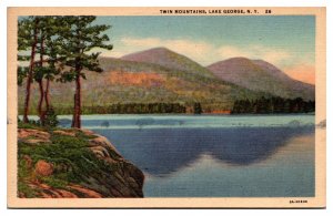 1954 Twin Mountains, Landscape, Lake George, NY Postcard