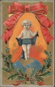 New Year 1911 Baby Standing on Earth Globe c1910 Postcard