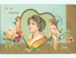 Pre-Linen valentine CUPIDS PLUS WOMAN'S FACE INSIDE HEART J0990