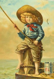 1870's-80's Adorable Curly Headed Boy Fishing Bamboo Pole Dock Victorian Card &F