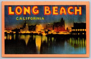 Long Beach California~City Skyline View @ Night~Longshaw Co Vtg Linen Postcard