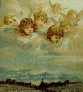 1870's-80's Victorian Christmas Trade Card Angels In Sky Looking Down &C