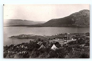 RPPC KILPISJARVI, FINLAND ~ Birdseye View of VILLAGE~ Flag TENTS c1940s Postcard