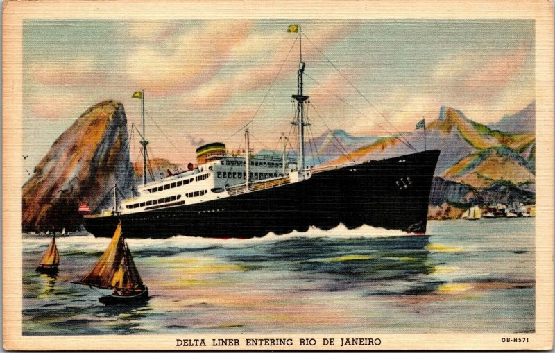 Vtg Delta Liner Entering Rio De Janeiro Steamer Steamship 1940s Linen Postcard