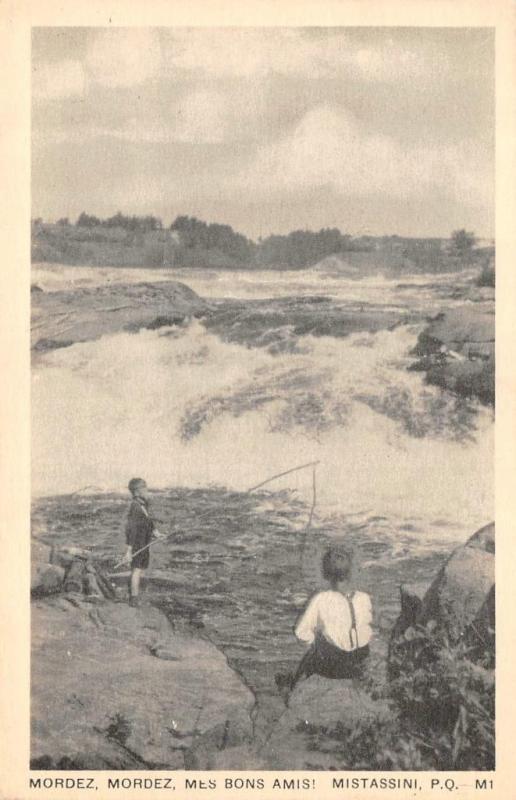 MISTASSINI, Quebec Canada  TWO BOYS FISHING In The RIVER Mordez~Mordez  Postcard