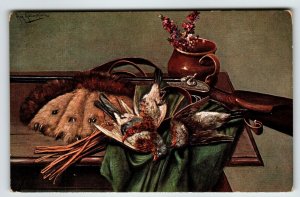 Hunting Season Postcard Muller Wildlife Rustic Rifle Dead Birds HKM 345 Germany