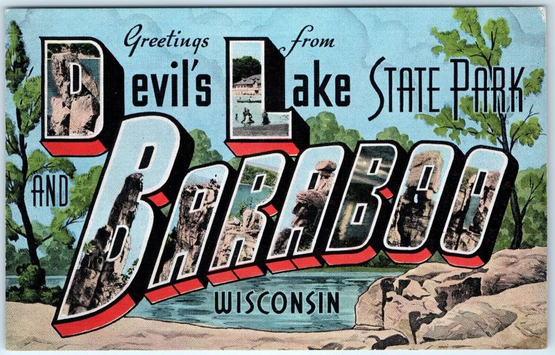 c1930s Baraboo WI Devil's Lake State Park Greetings From Linen Large Letter A288