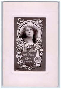 1913 Happy Birthday Woman Curly Hair Good Luck Flowers RPPC Photo Postcard