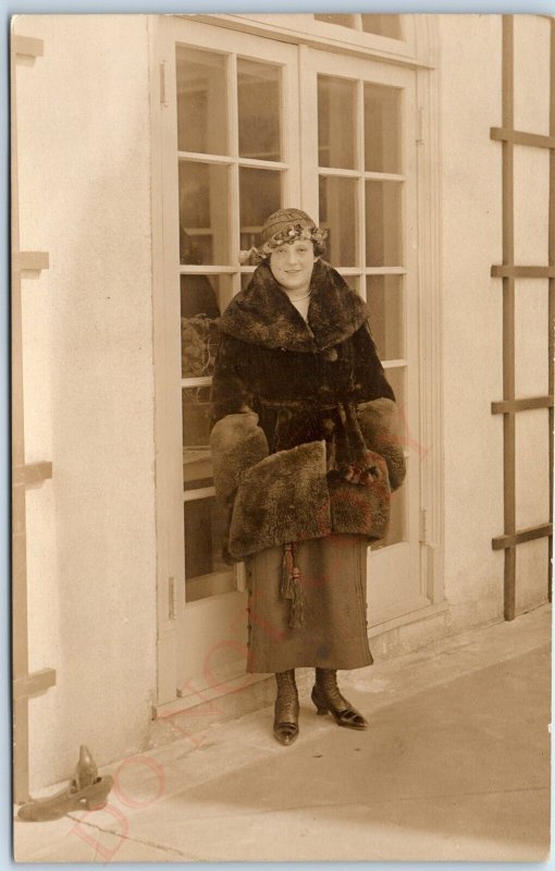 c1910s Bentonville, AK Nice Lady Winter Fur Coat RPPC Real Photo PC Woman A122