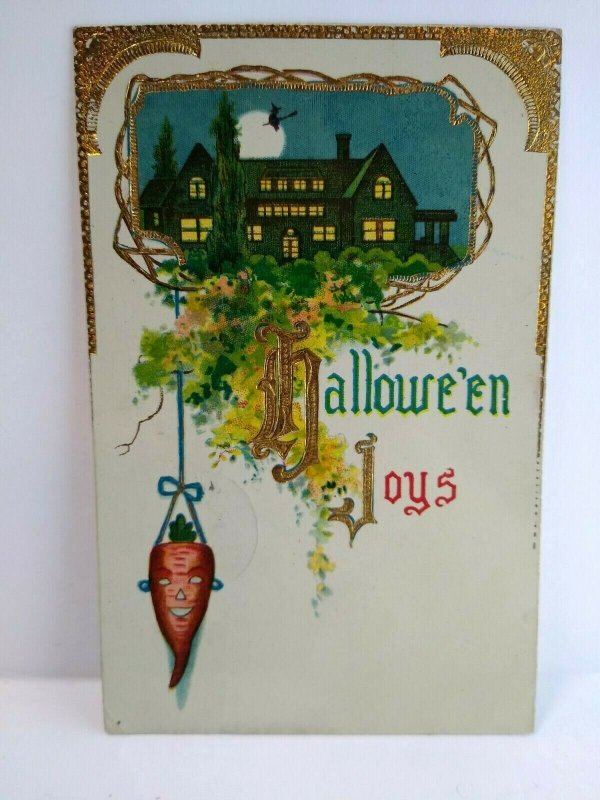 Halloween Postcard Carrot Face Anthropomorphic Witch Haunted House 1914 Lowell 