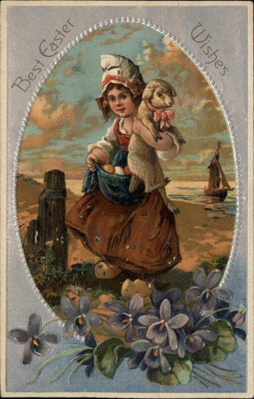 PFB EASTER Little Dutch Girl w Lamb EMBOSSED c1910 Postcard