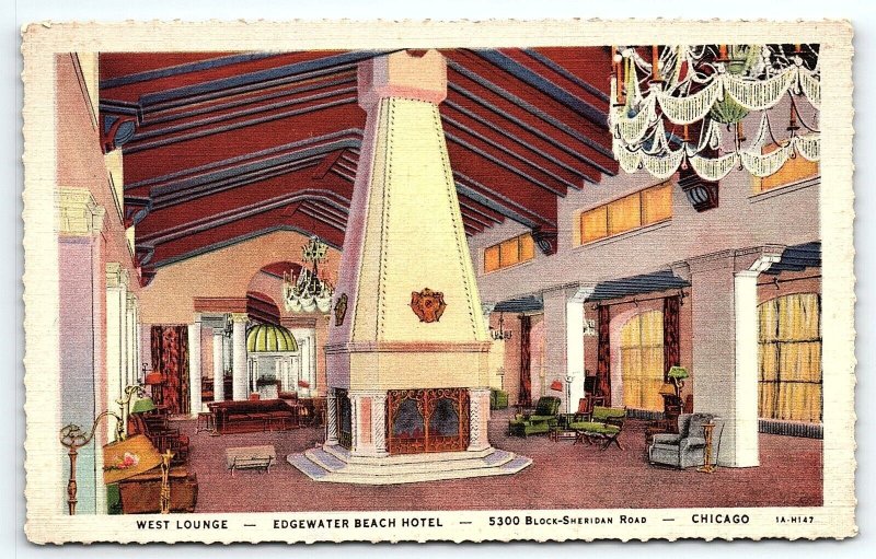 1930s CHICAGO ILLINOIS THE EDGEWATER BEACH HOTEL WEST LOUNGE POSTCARD 46-271
