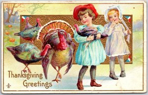 Thanksgiving Greetings Baby Girls And The Two Turkey Postcard