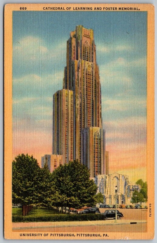 Pittsburgh Pennsylvania 1940s Postcard Cathedral Of Learning And Foster Memorial