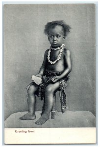 c1940's Tribal Kid Wearing Necklace Greeting from Fiji Unposted Postcard