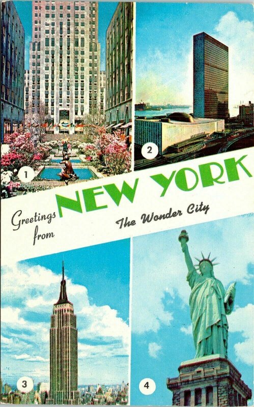 Greetings From New York Wonder City NYC NY Multiview Postcard Plastichrome VTG 