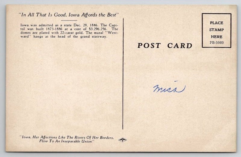 Iowa State Historical Landmarks Capitol Monuments Postcard D30