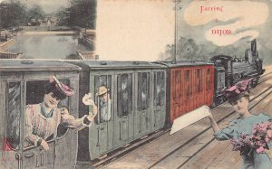 France J'Arrive a Dijon Steam Train Women Waving vintage postcard C324