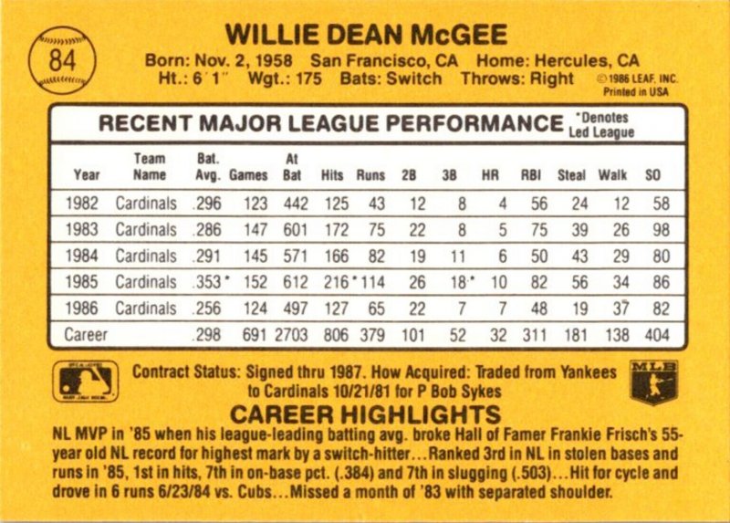 1987 DONRUSS Baseball Card Willie McGee OF St Louis Cardinals