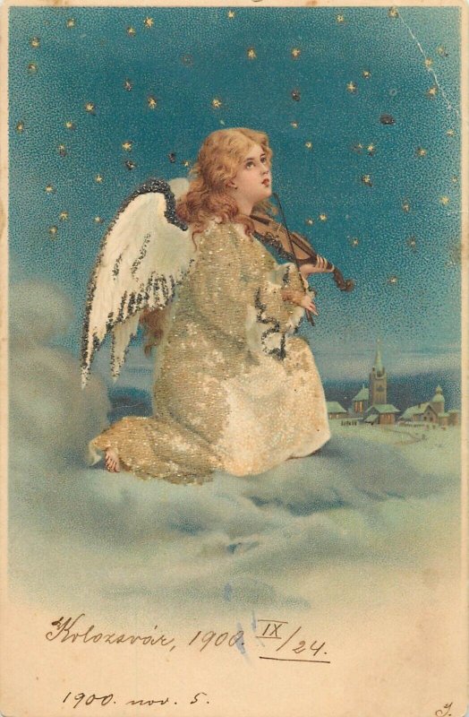 Holidays & celebrations 1900s greetings Kolozsvar Romania angel violin Christmas