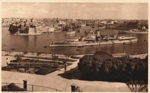 Malta Grand Harbour With Battleship Vintage Postcard 03.95