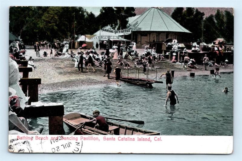 Postcard CA Santa Catalina Island Bathing Beach Dancing Pavilion Canvas City L04
