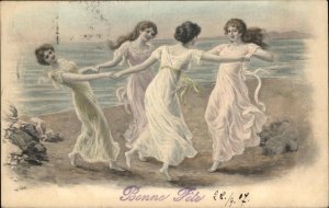 Art Nouveau MM Vienne No 257 Beautiful Women Dancing Beach c1905 PC