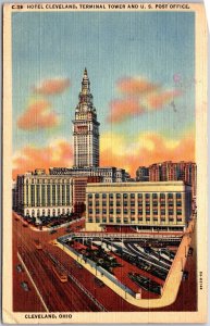 Cleveland Ohio OH, 1959 Hotel, Post Office, Terminal Tower Building, Postcard