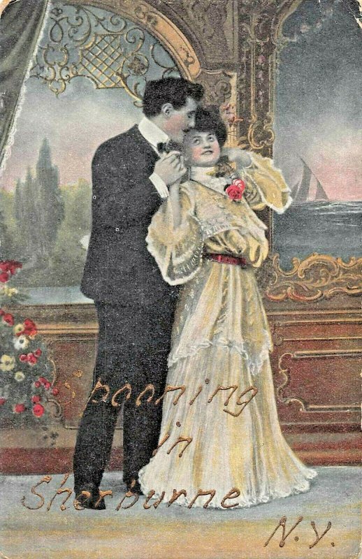 SPOONING IN SHERBURNE NEW YORK~1910S ROMANCE POSTCARD