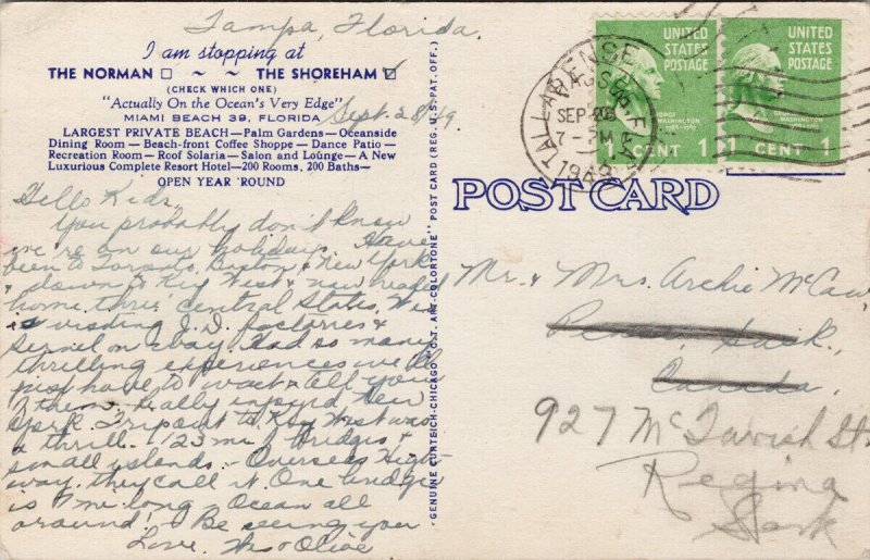 Miami Beach FL The Norman and Shoreham c1949 Linen Postcard G91