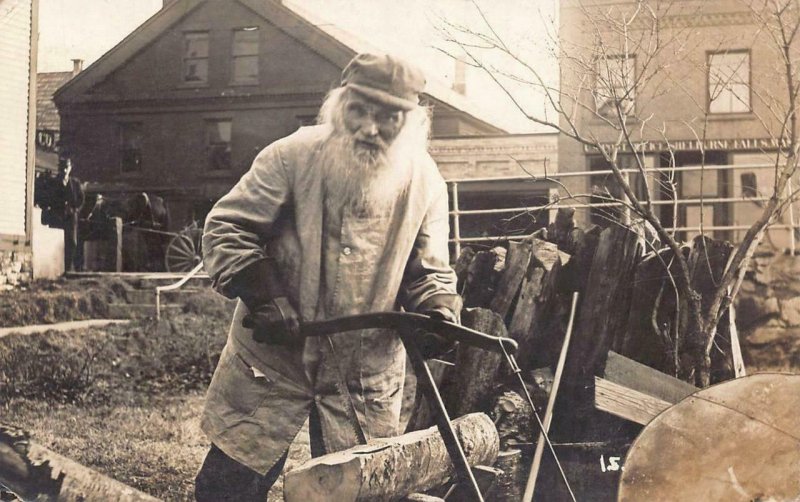 RPPC LOGGING LUMBER BEARDED MAN BUCKLAND MASSACHUSETTS REAL PHOTO POSTCARD 1912