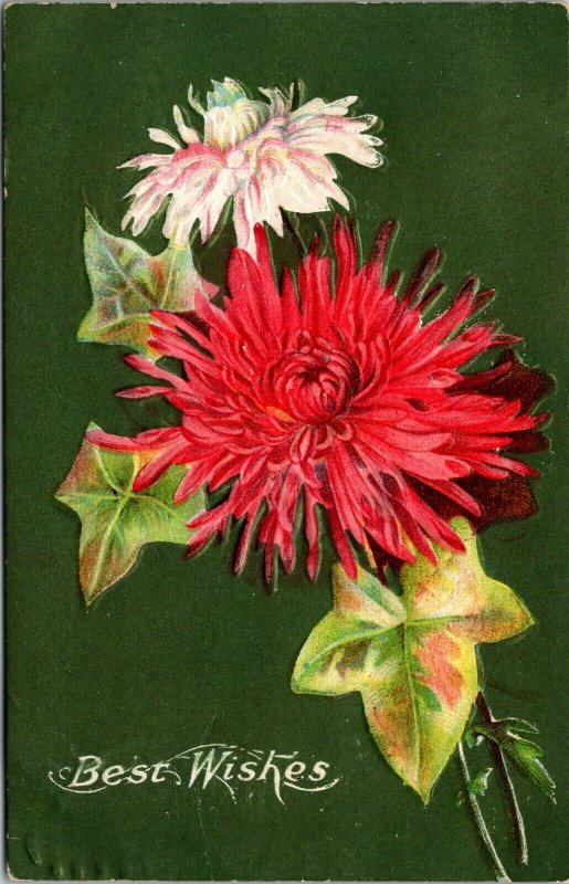 BEST WISHES - FLOWERS - RED WHITE GREEN LEAVES - EMBOSSED - VINTAGE - POSTCARD 