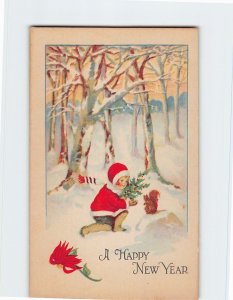 Postcard A Happy New Year with Girl Flowers Hollies Trees Snow Art Print