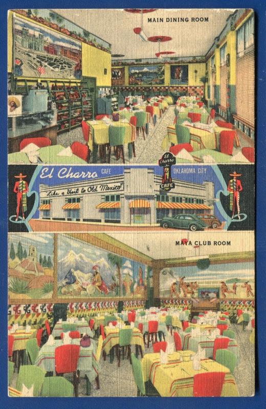 EL Charro Cafe on 10th & Dewey Oklahoma City ok linen postcard