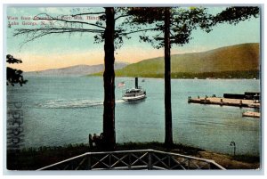 Lake George New York Postcard View Grounds Fort Henry Steamer Ship c1910 Vintage