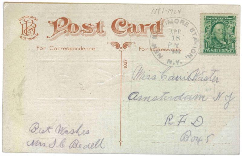 New Baltimore Station to Amsterdam, New York used 1908 Easter PC, Doane cancel