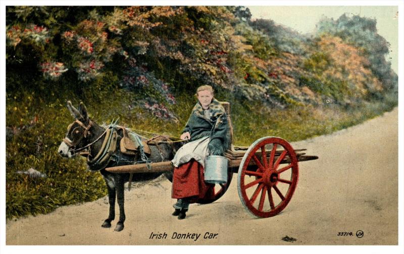 Irish   Woman riding on donkey cart, Pail of Milk